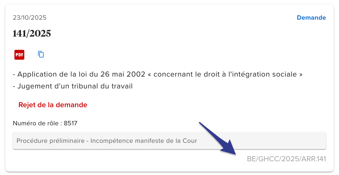 Screenshot van een ecli nummer bij een arrest