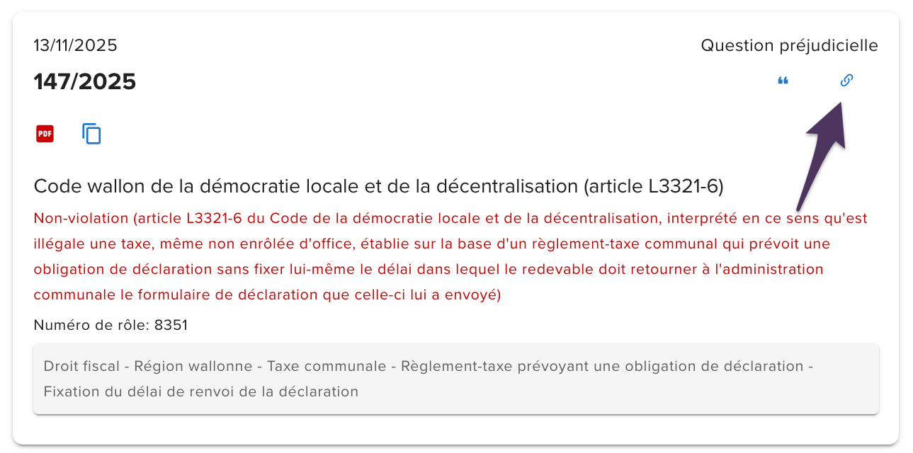 Capture d’écran d’un lien permanent vers une décision